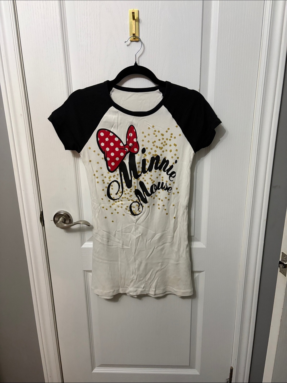 Disney Minnie Mouse Black & White Tee with Red Bow and Gold Stars